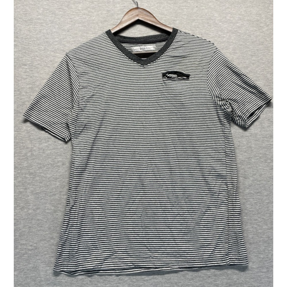 Paper Denim & Cloth T Shirt Mens Medium Black White Striped Cotton V Neck Casual
